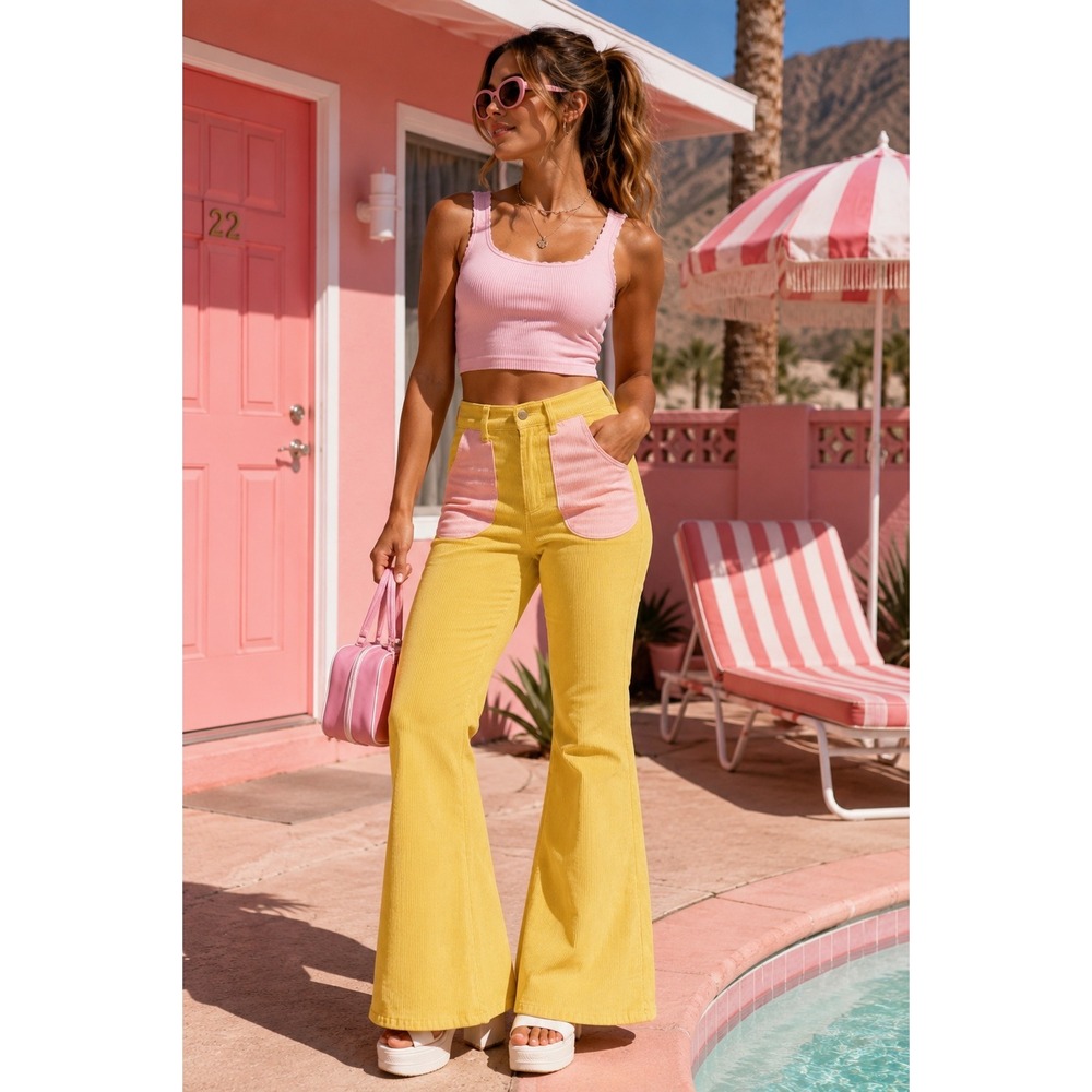 HAMMIES Bell Bottom Corduroy Pants Yellow POWDER PINK Flare Retro WOMEN 28 PATCH